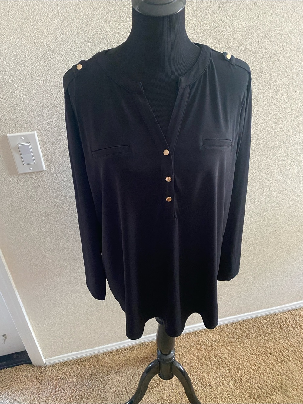 INC Women’s Black Long-Sleeve Henley Blouse with Gold Buttons